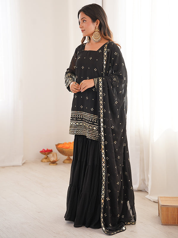 Black Embroidery Sequence Work Georgette Top Ruffle Sharara With Dupatta
