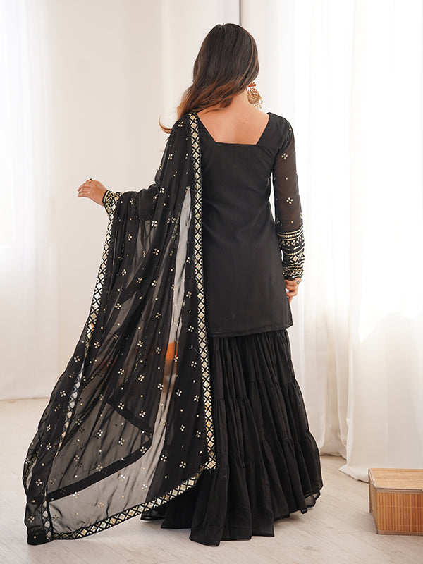 Black Embroidery Sequence Work Georgette Top Ruffle Sharara With Dupatta