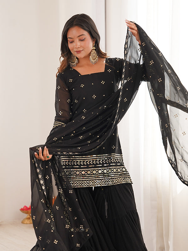 Black Embroidery Sequence Work Georgette Top Ruffle Sharara With Dupatta