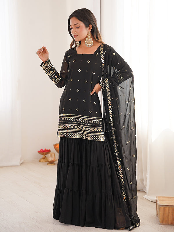Black Embroidery Sequence Work Georgette Top Ruffle Sharara With Dupatta