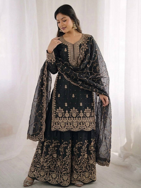 Black Gmy Silk Embroidery Sequence Work Top Palazzo With Dupatta