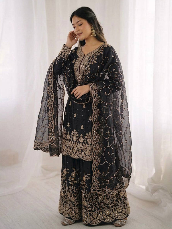 Black Gmy Silk Embroidery Sequence Work Top Palazzo With Dupatta