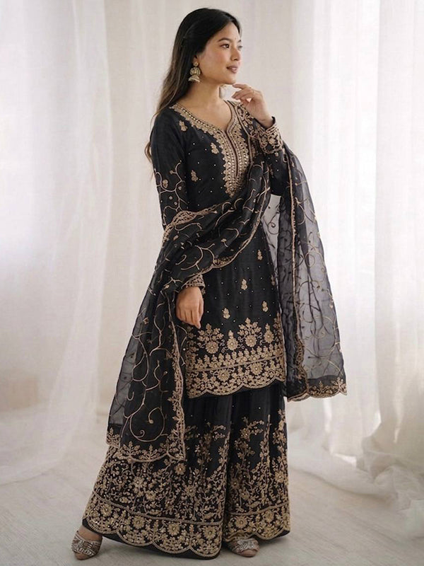 Black Gmy Silk Embroidery Sequence Work Top Palazzo With Dupatta