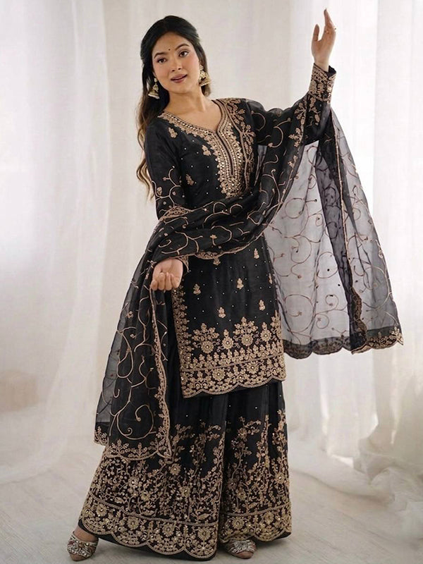 Black Gmy Silk Embroidery Sequence Work Top Palazzo With Dupatta