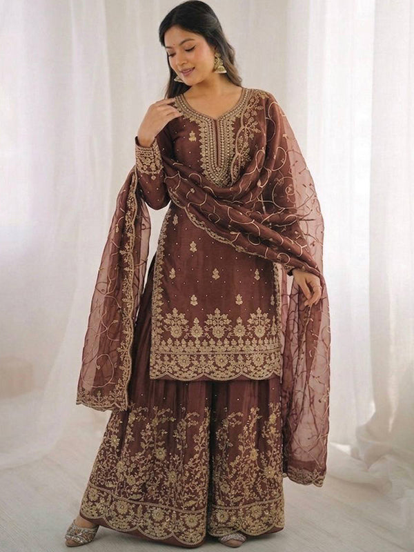 Dusty Brown Gmy Silk Embroidery Sequence Work Top Palazzo With Dupatta