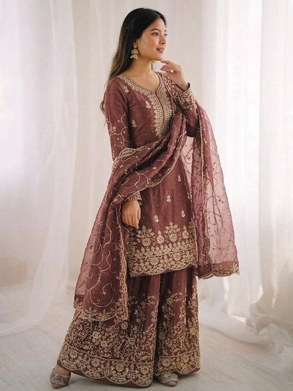 Dusty Brown Gmy Silk Embroidery Sequence Work Top Palazzo With Dupatta