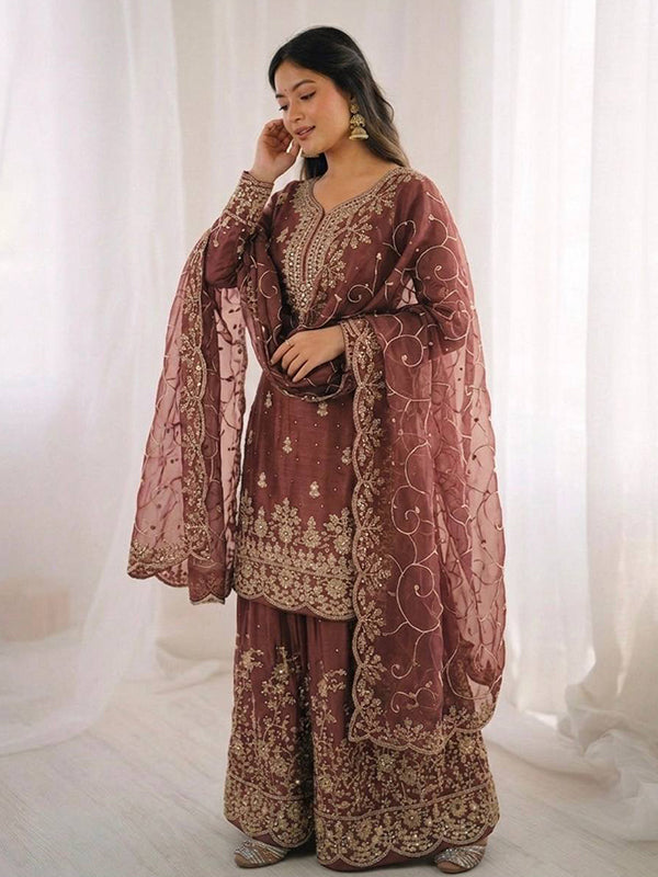 Dusty Brown Gmy Silk Embroidery Sequence Work Top Palazzo With Dupatta