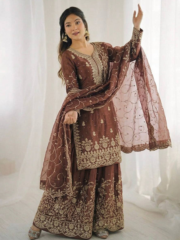 Dusty Brown Gmy Silk Embroidery Sequence Work Top Palazzo With Dupatta