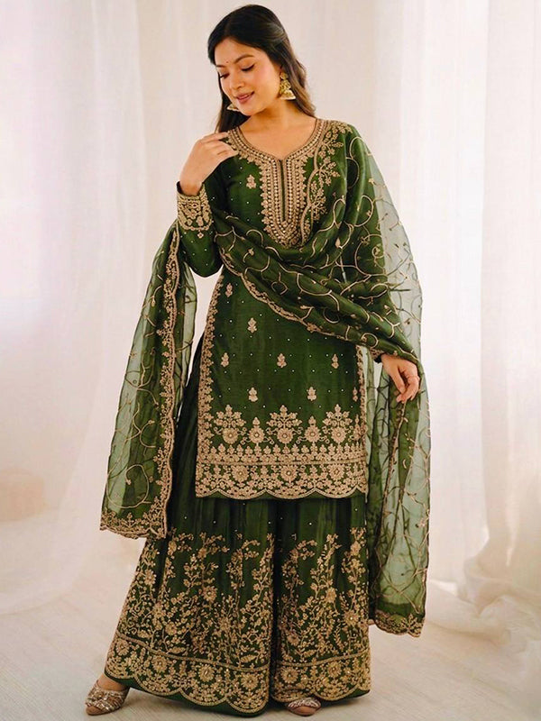 Green Gmy Silk Embroidery Sequence Work Top Palazzo With Dupatta