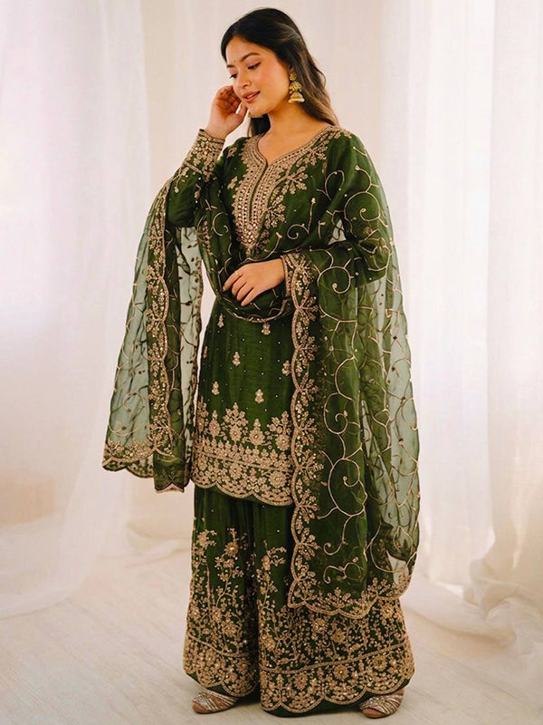Green Gmy Silk Embroidery Sequence Work Top Palazzo With Dupatta