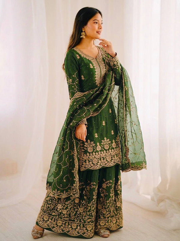 Green Gmy Silk Embroidery Sequence Work Top Palazzo With Dupatta