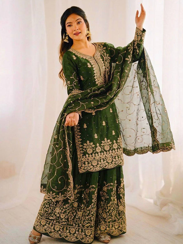 Green Gmy Silk Embroidery Sequence Work Top Palazzo With Dupatta