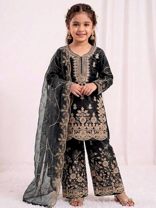Black Gmy Silk Embroidery Sequence Work Kids Wear Top Palazzo With Dupatta