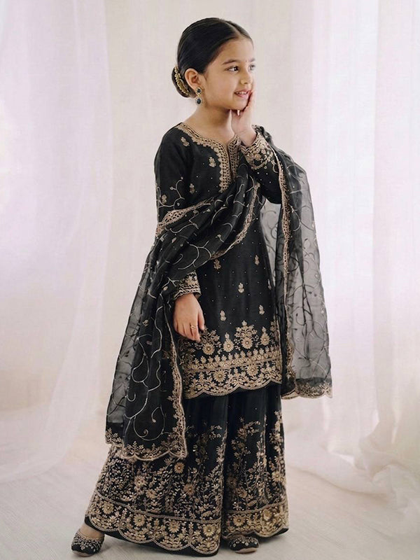 Black Gmy Silk Embroidery Sequence Work Kids Wear Top Palazzo With Dupatta