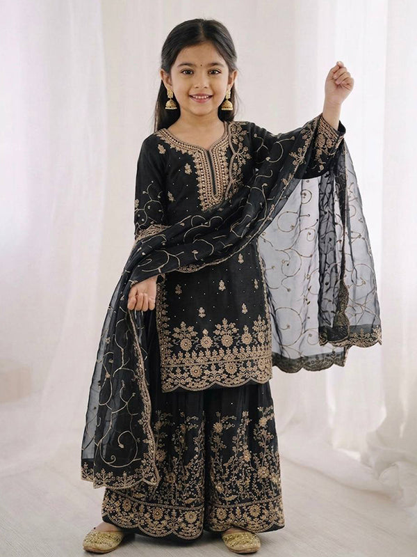 Black Gmy Silk Embroidery Sequence Work Kids Wear Top Palazzo With Dupatta