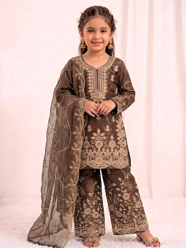 Dusty Brown Gmy Silk Embroidery Sequence Work Kids Wear Top Palazzo With Dupatta