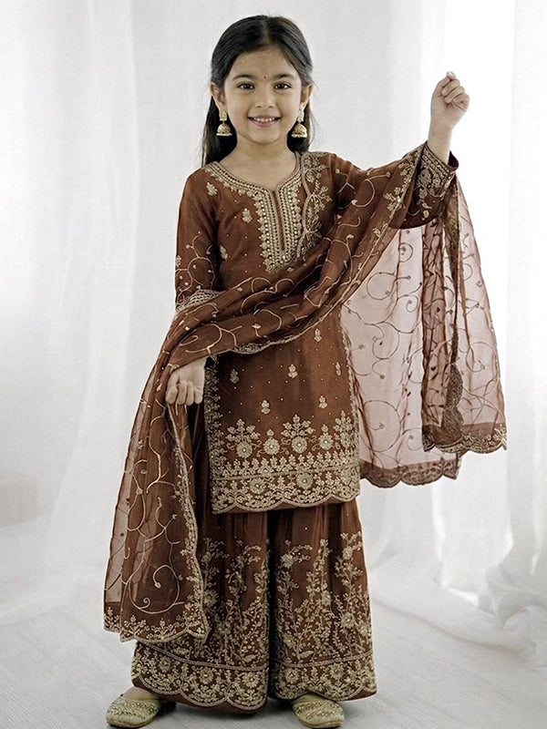 Dusty Brown Gmy Silk Embroidery Sequence Work Kids Wear Top Palazzo With Dupatta