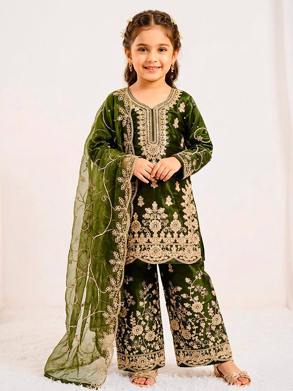Green Gmy Silk Embroidery Sequence Work Kids Wear Top Palazzo With Dupatta
