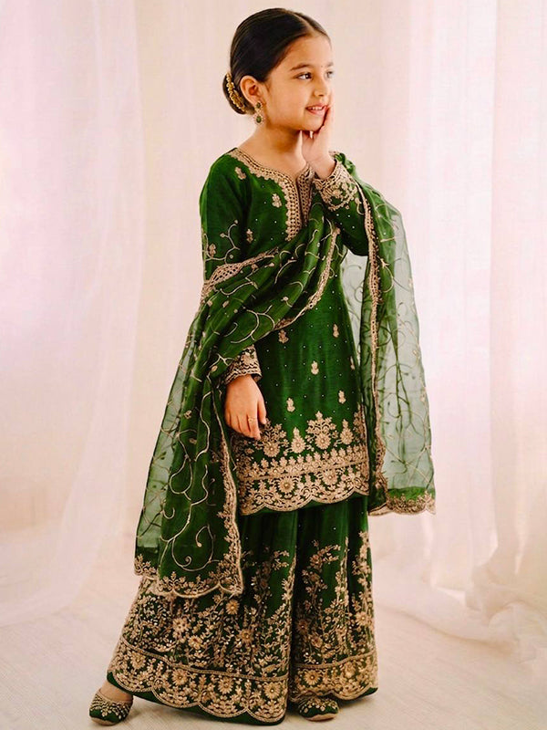 Green Gmy Silk Embroidery Sequence Work Kids Wear Top Palazzo With Dupatta