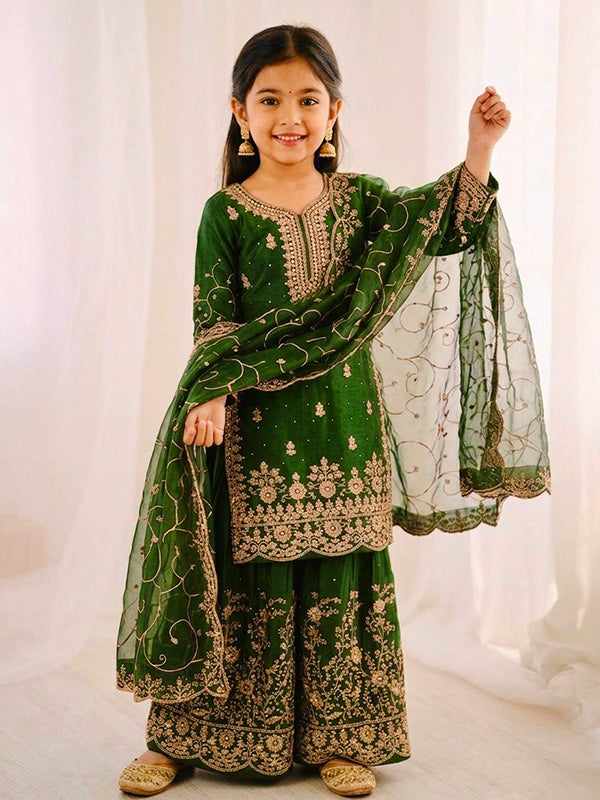Green Gmy Silk Embroidery Sequence Work Kids Wear Top Palazzo With Dupatta