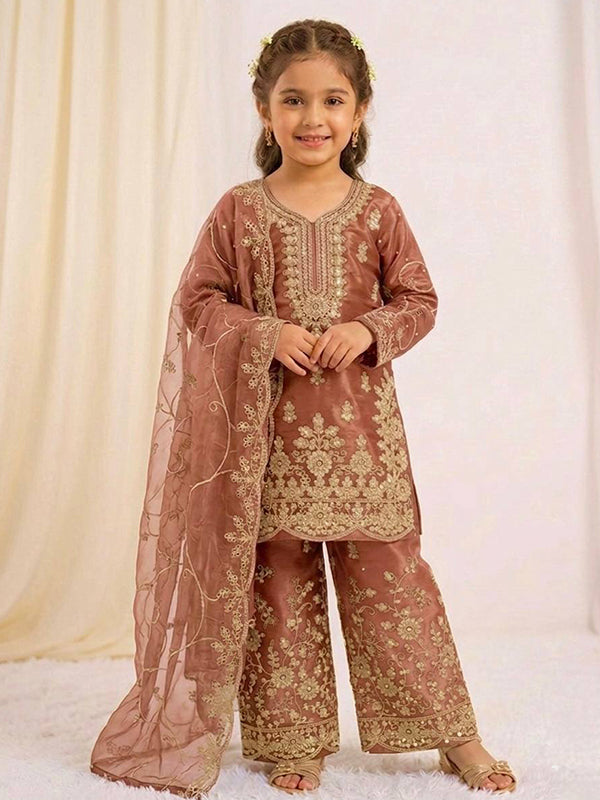 Peach Gmy Silk Embroidery Sequence Work Kids Wear Top Palazzo With Dupatta