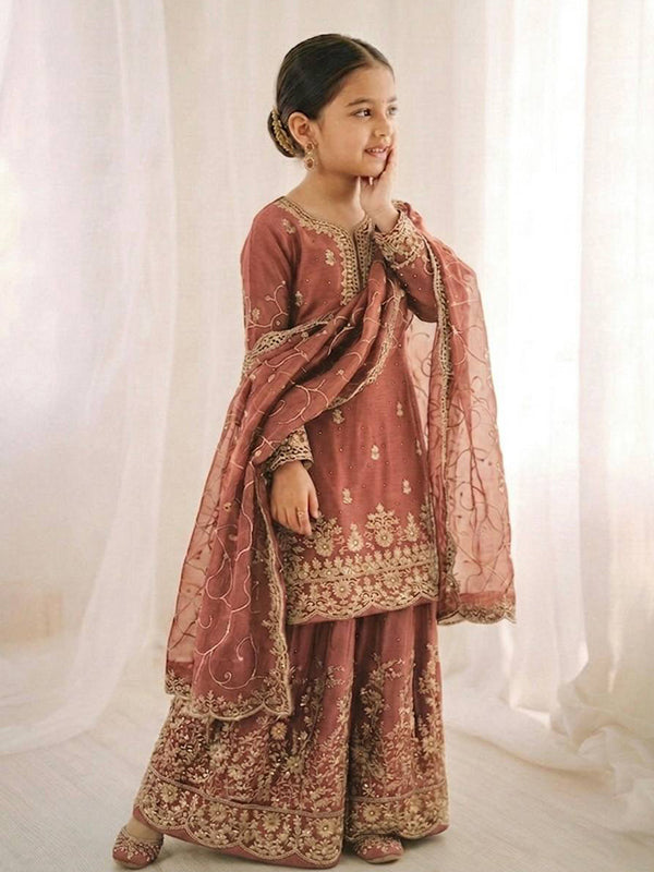 Peach Gmy Silk Embroidery Sequence Work Kids Wear Top Palazzo With Dupatta