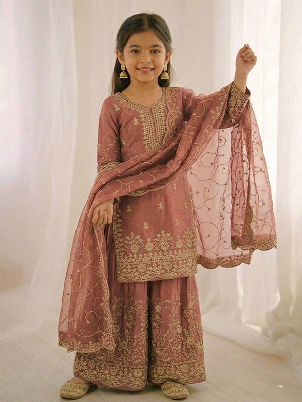 Peach Gmy Silk Embroidery Sequence Work Kids Wear Top Palazzo With Dupatta