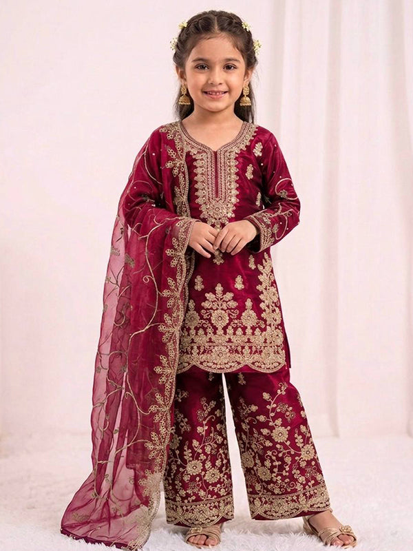 Pink Gmy Silk Embroidery Sequence Work Kids Wear Top Palazzo With Dupatta