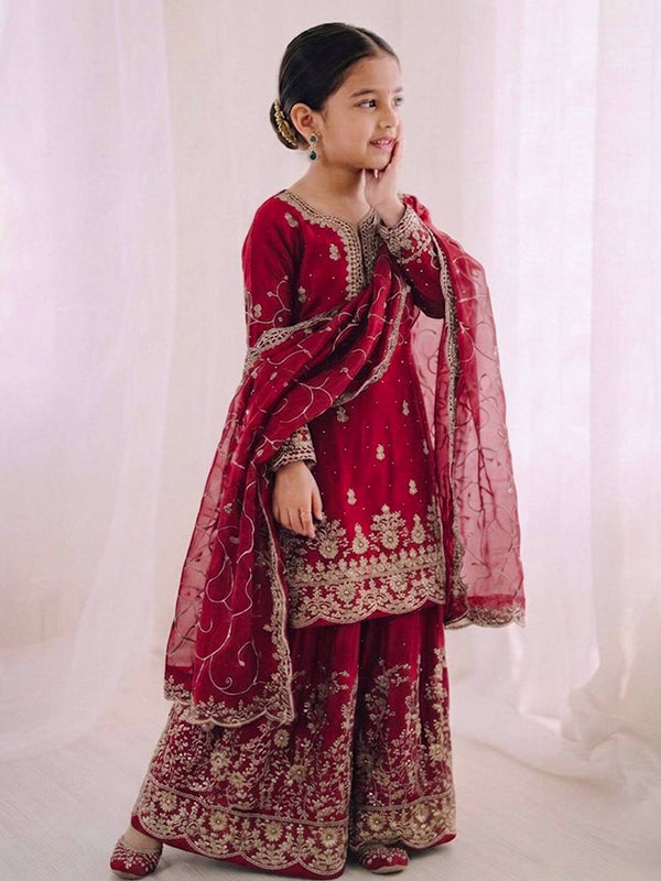 Pink Gmy Silk Embroidery Sequence Work Kids Wear Top Palazzo With Dupatta