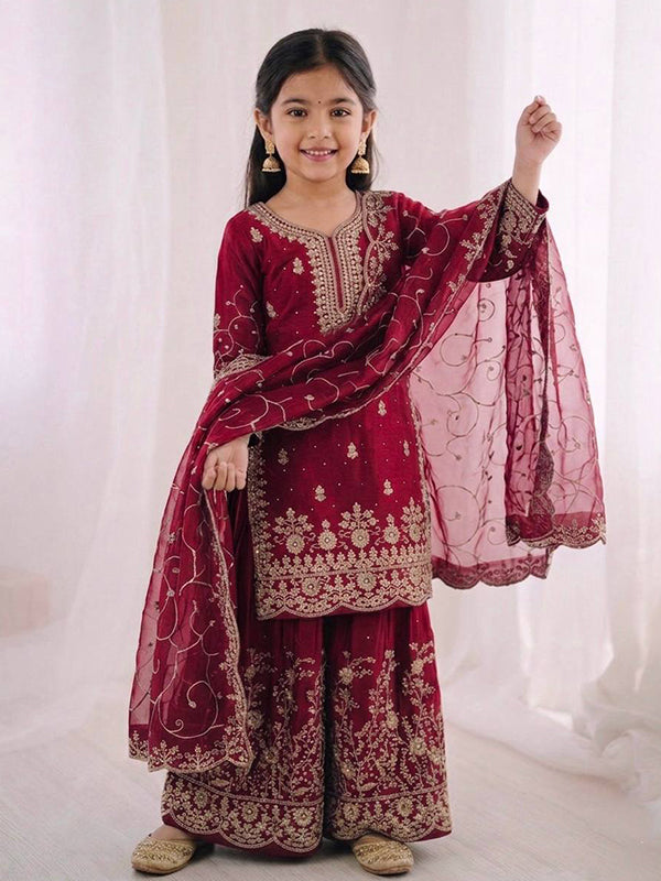 Pink Gmy Silk Embroidery Sequence Work Kids Wear Top Palazzo With Dupatta