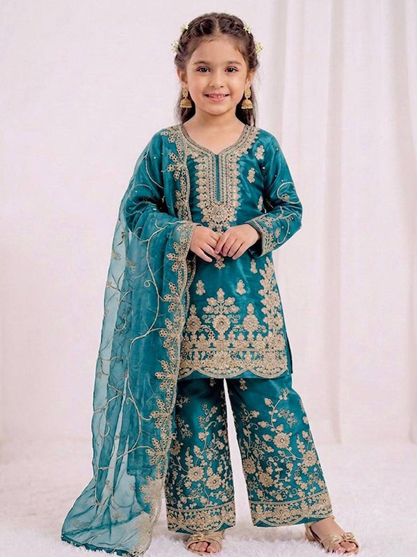 Sky Blue Gmy Silk Embroidery Sequence Work Kids Wear Top Palazzo With Dupatta