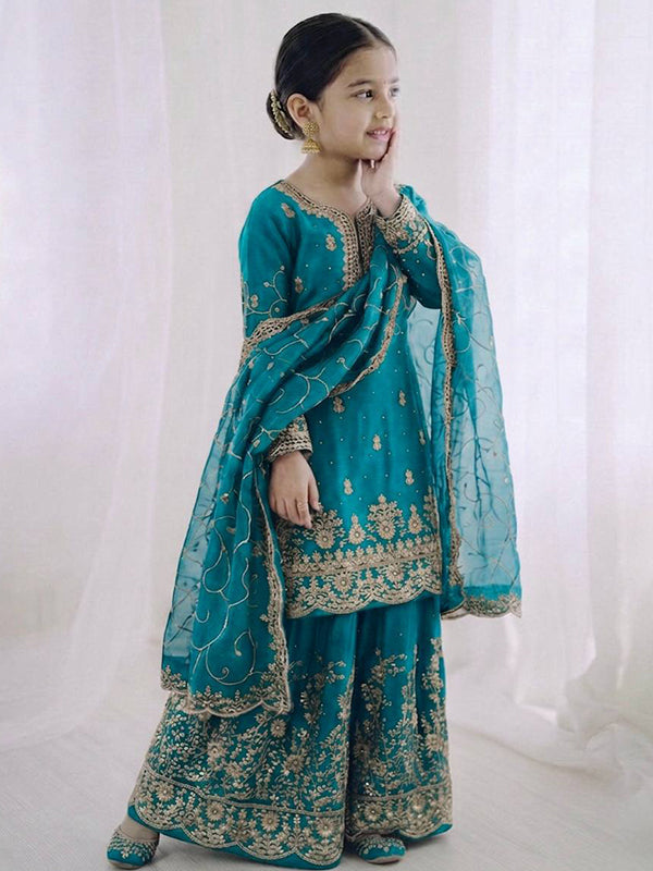 Sky Blue Gmy Silk Embroidery Sequence Work Kids Wear Top Palazzo With Dupatta