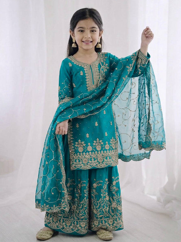 Sky Blue Gmy Silk Embroidery Sequence Work Kids Wear Top Palazzo With Dupatta