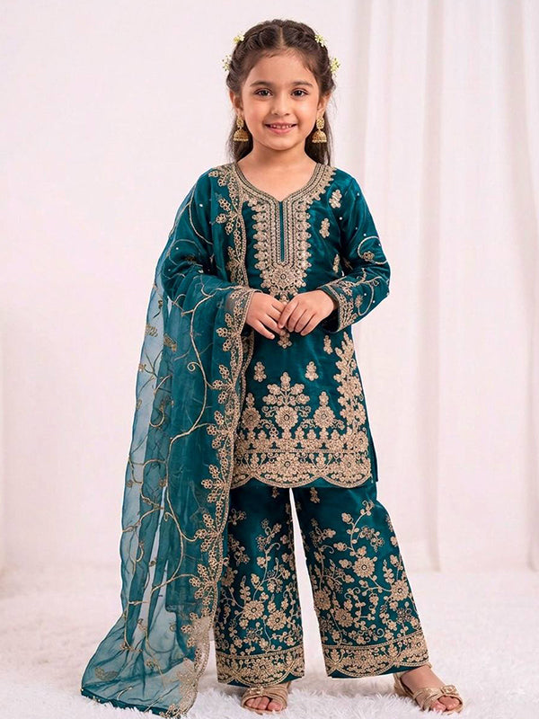 Teal Blue Gmy Silk Embroidery Sequence Work Kids Wear Top Palazzo With Dupatta