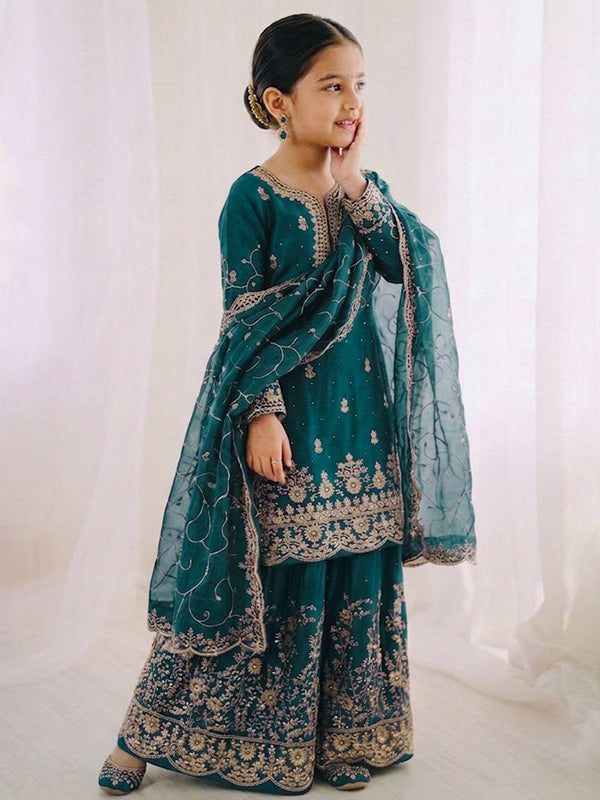 Teal Blue Gmy Silk Embroidery Sequence Work Kids Wear Top Palazzo With Dupatta