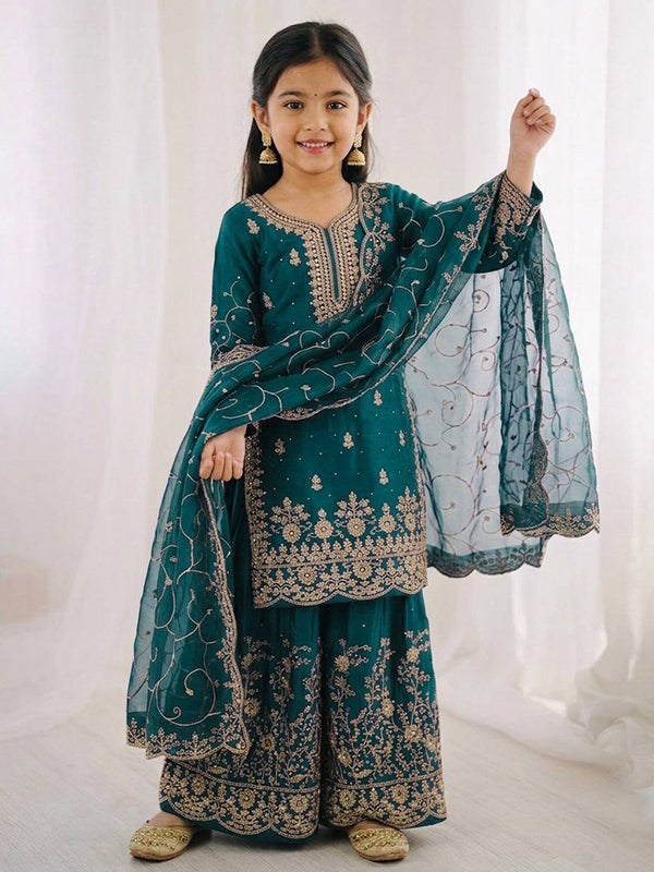 Teal Blue Gmy Silk Embroidery Sequence Work Kids Wear Top Palazzo With Dupatta