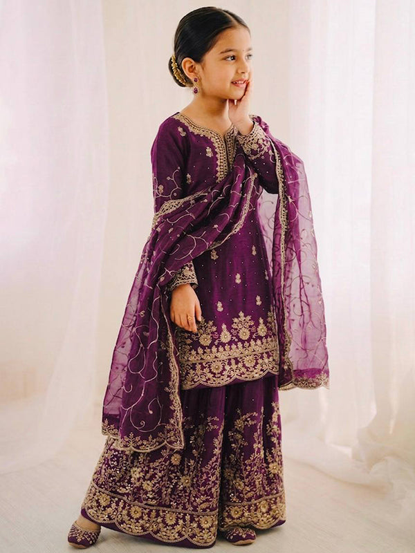 Wine Gmy Silk Embroidery Sequence Work Kids Wear Top Palazzo With Dupatta