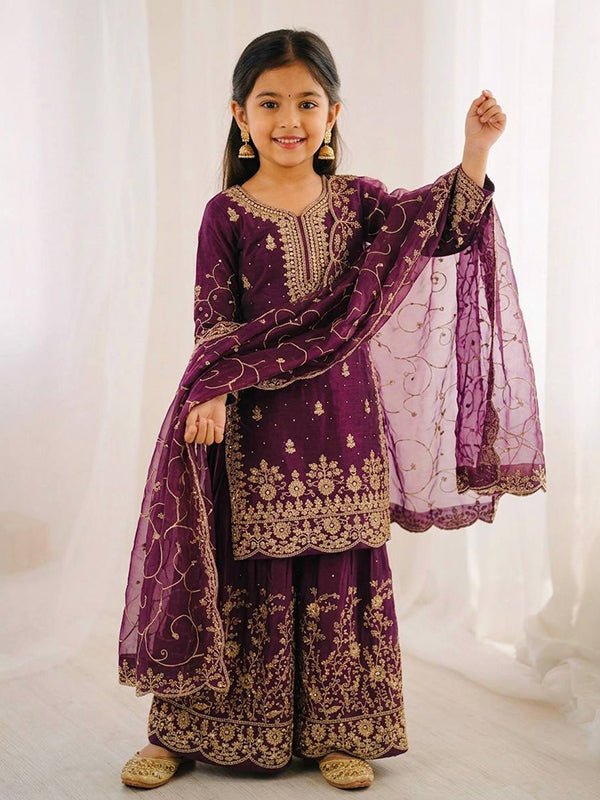 Wine Gmy Silk Embroidery Sequence Work Kids Wear Top Palazzo With Dupatta
