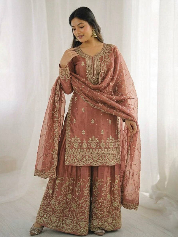 Peach Gmy Silk Embroidery Sequence Work Top Palazzo With Dupatta