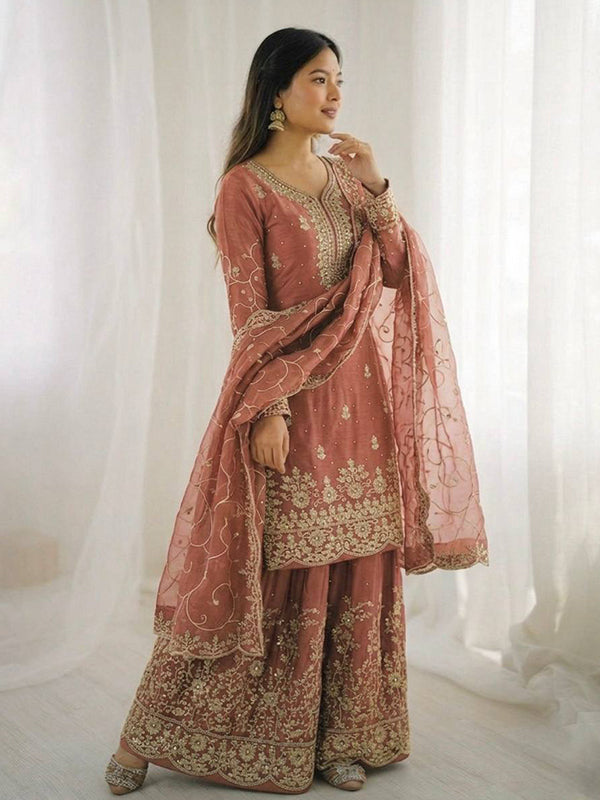 Peach Gmy Silk Embroidery Sequence Work Top Palazzo With Dupatta