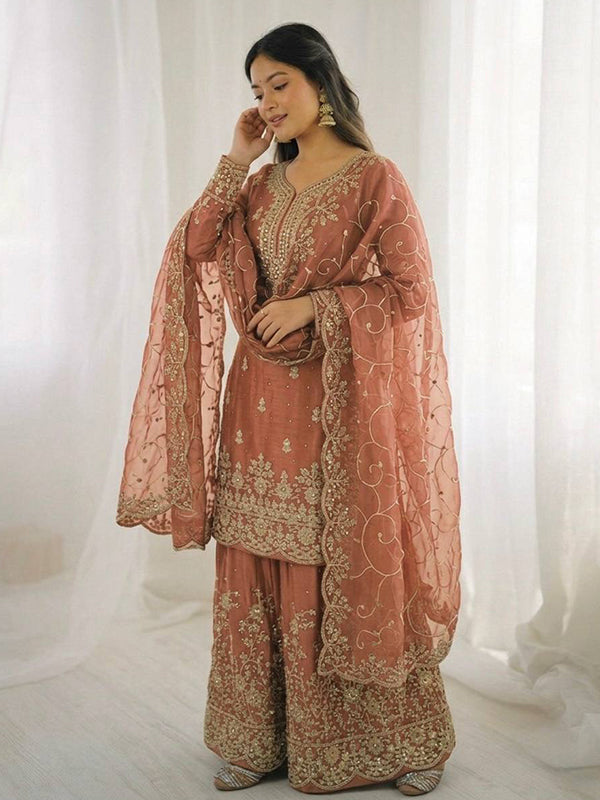 Peach Gmy Silk Embroidery Sequence Work Top Palazzo With Dupatta