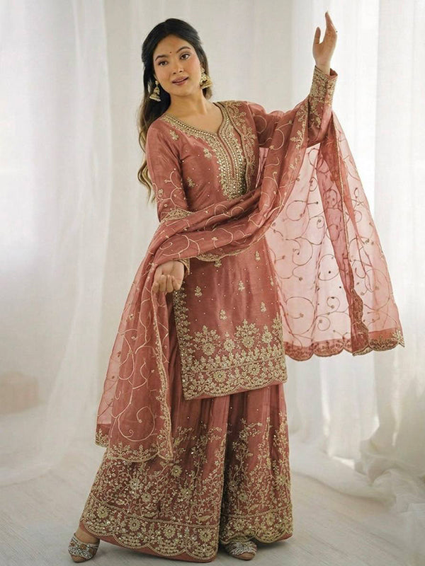 Peach Gmy Silk Embroidery Sequence Work Top Palazzo With Dupatta