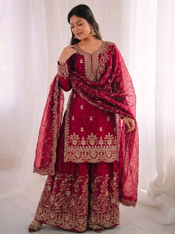 Pink Gmy Silk Embroidery Sequence Work Top Palazzo With Dupatta