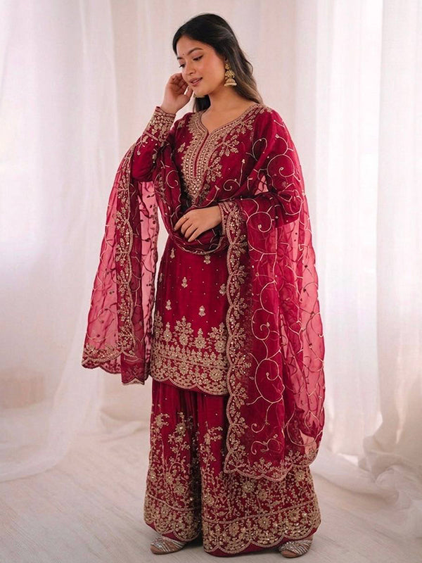 Pink Gmy Silk Embroidery Sequence Work Top Palazzo With Dupatta