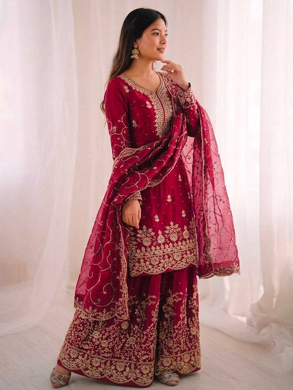 Pink Gmy Silk Embroidery Sequence Work Top Palazzo With Dupatta