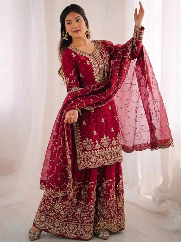 Pink Gmy Silk Embroidery Sequence Work Top Palazzo With Dupatta