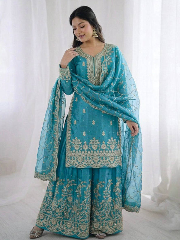 Sky Blue Gmy Silk Embroidery Sequence Work Top Palazzo With Dupatta