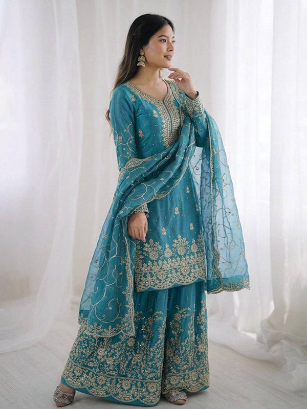 Sky Blue Gmy Silk Embroidery Sequence Work Top Palazzo With Dupatta