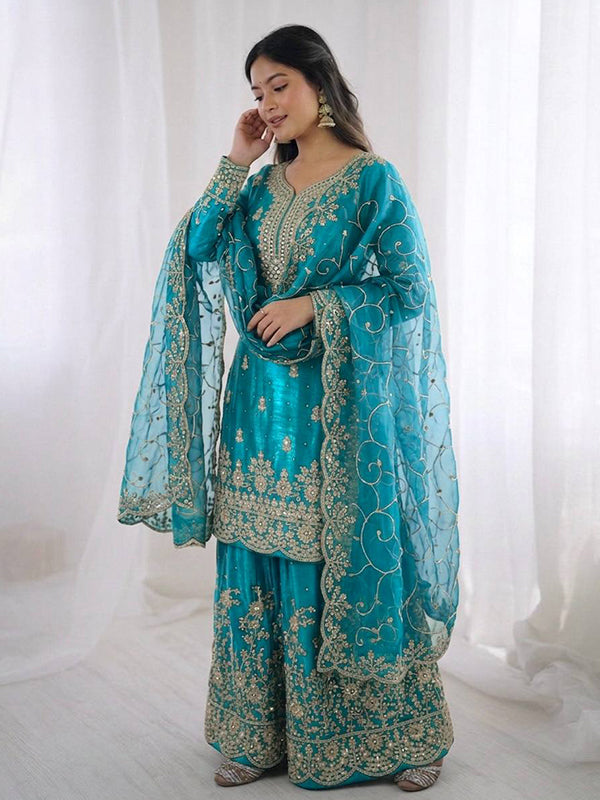 Sky Blue Gmy Silk Embroidery Sequence Work Top Palazzo With Dupatta