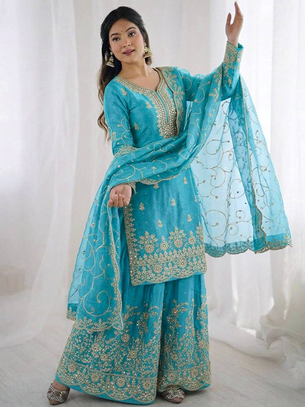 Sky Blue Gmy Silk Embroidery Sequence Work Top Palazzo With Dupatta